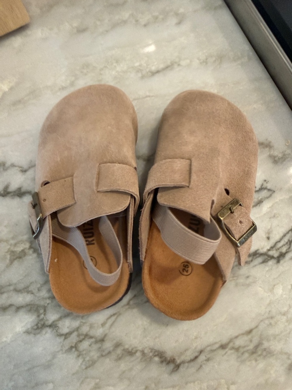 Taupe Suede Buckle Clog Mules